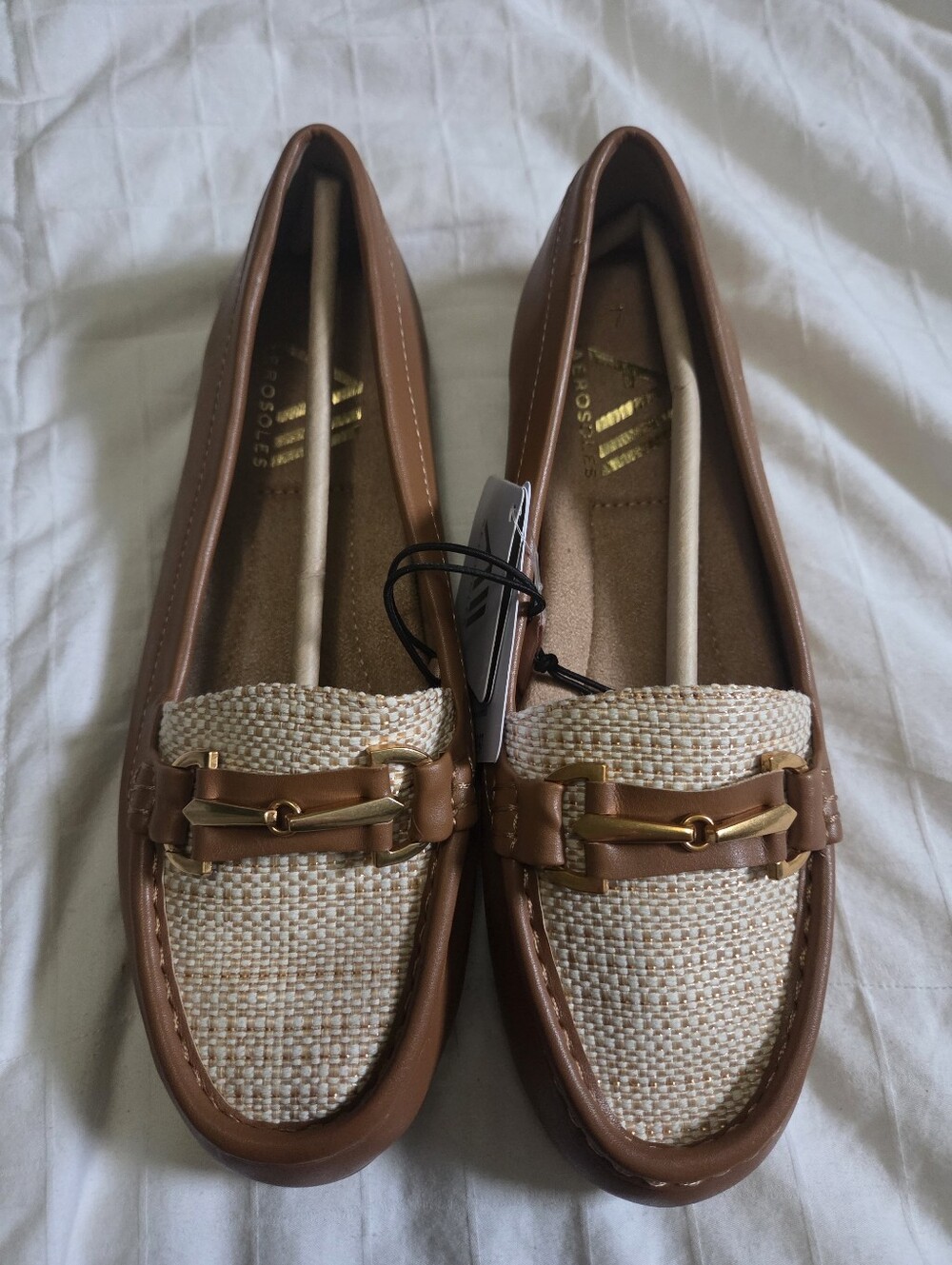 AEROSOLES Brown & Cream Two-Tone Loafers with Gold Bit, Size 7, New